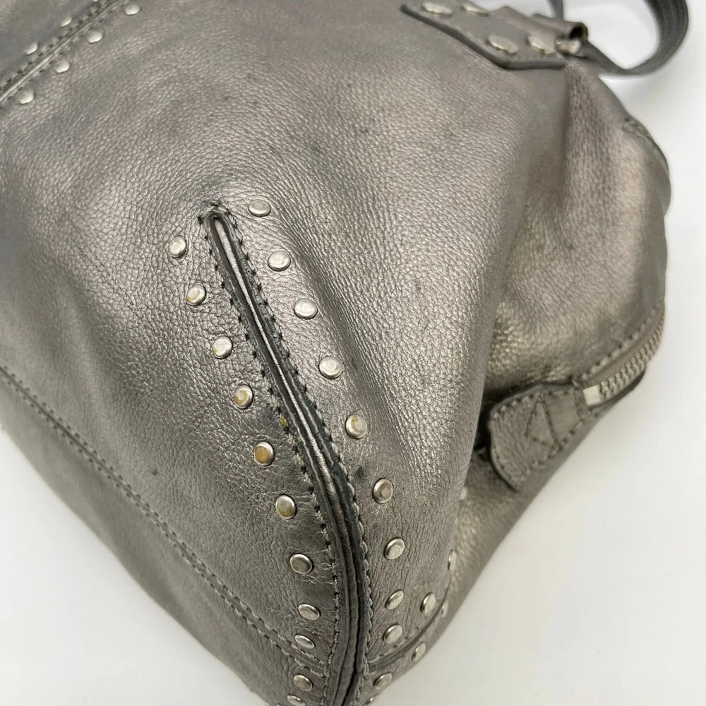 Michael Kors Astor Studded Satchel Bag Pewter Metallic Leather Edgy Grunge Biker